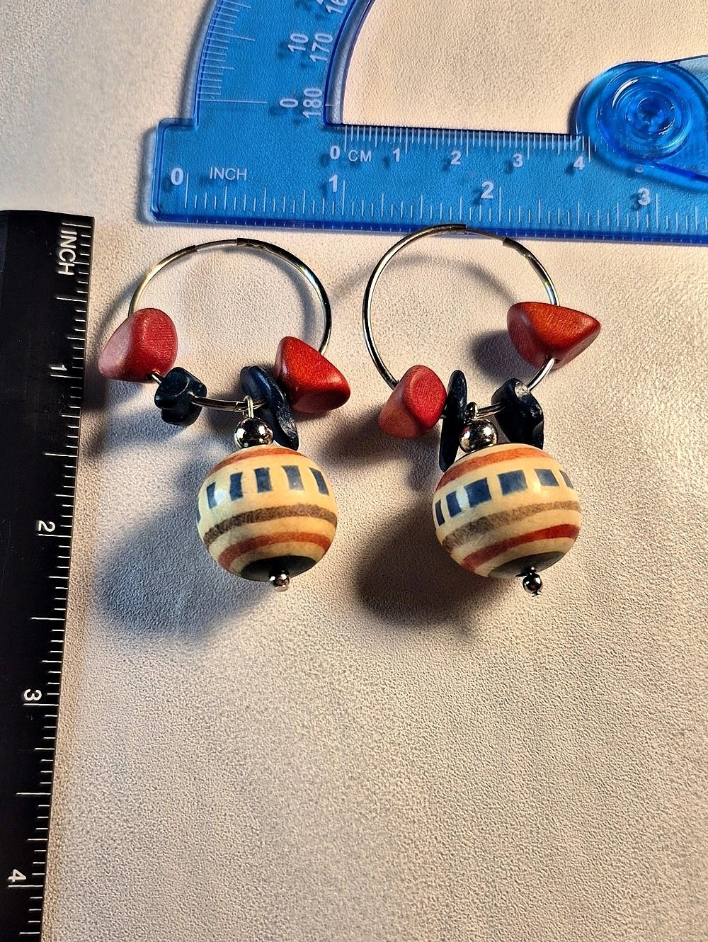 VTG 70s Boho Hoop Earrings Hand Painted Striped Wood Bead Faux Coral Statement